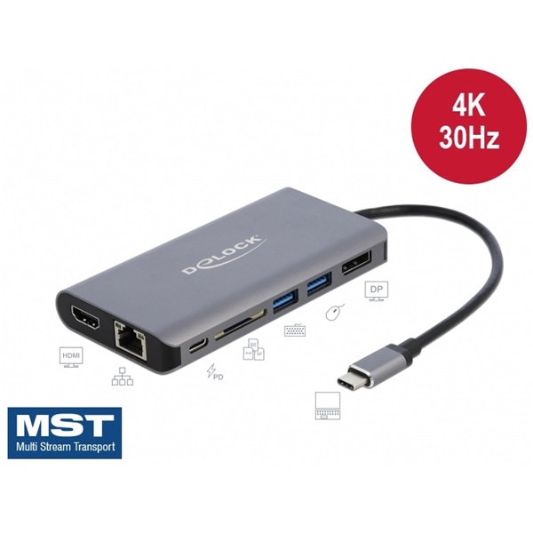 DELOCK USB Type-C Docking Station 4K - HDMI / DP / USB 3.0 / SD kártyaolvasó / LAN / PD 3.0
