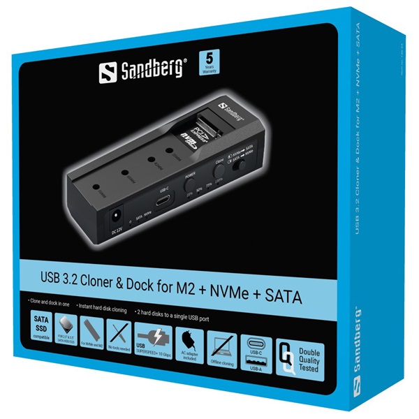 SANDBERG USB dokkoló, USB 3.2 Cloner and Dock for M2 + NVMe + SATA - Image 7